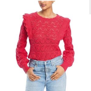 Single Thread Pink Crochet Knit Ruffle Shoulder Sweater Large Cropped Ribbed